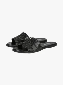 La Cuoieria Ciabatte donna in pelle con strass - nero