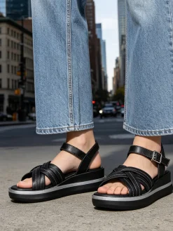La Cuoieria Sandali in pelle da donna con zeppa e cinturino con fibbia - nero