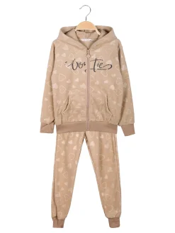 Lady Moda Completo tuta da ragazza 2 pezzi in ciniglia con cappuccio e zip - beige