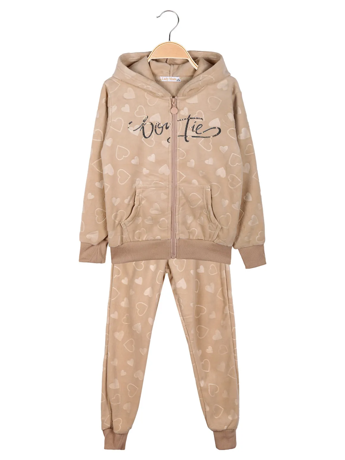 Lady Moda Completo tuta da ragazza 2 pezzi in ciniglia con cappuccio e zip - beige