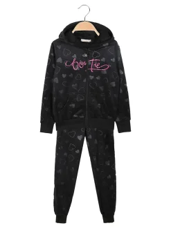 Lady Moda Completo tuta da ragazza 2 pezzi in ciniglia con cappuccio e zip - nero