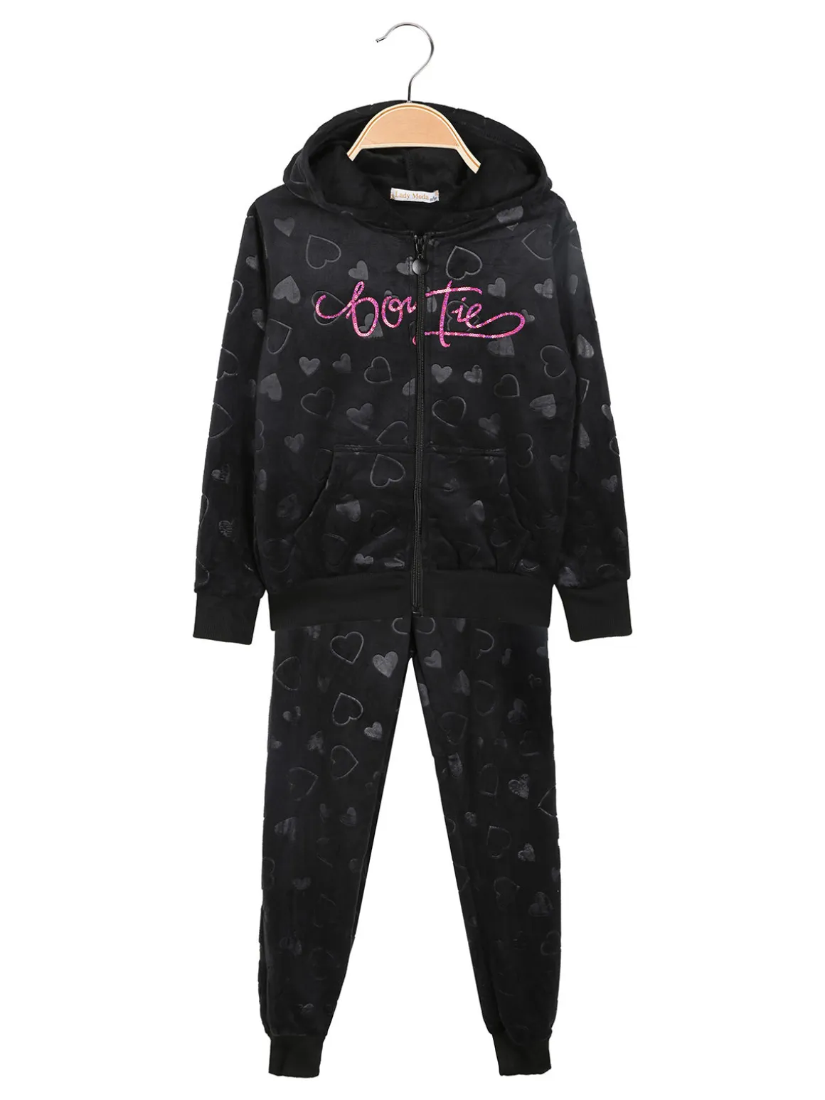 Lady Moda Completo tuta da ragazza 2 pezzi in ciniglia con cappuccio e zip - nero