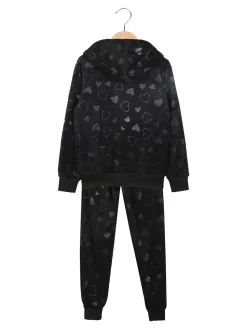 Lady Moda Completo tuta da ragazza 2 pezzi in ciniglia con cappuccio e zip - nero