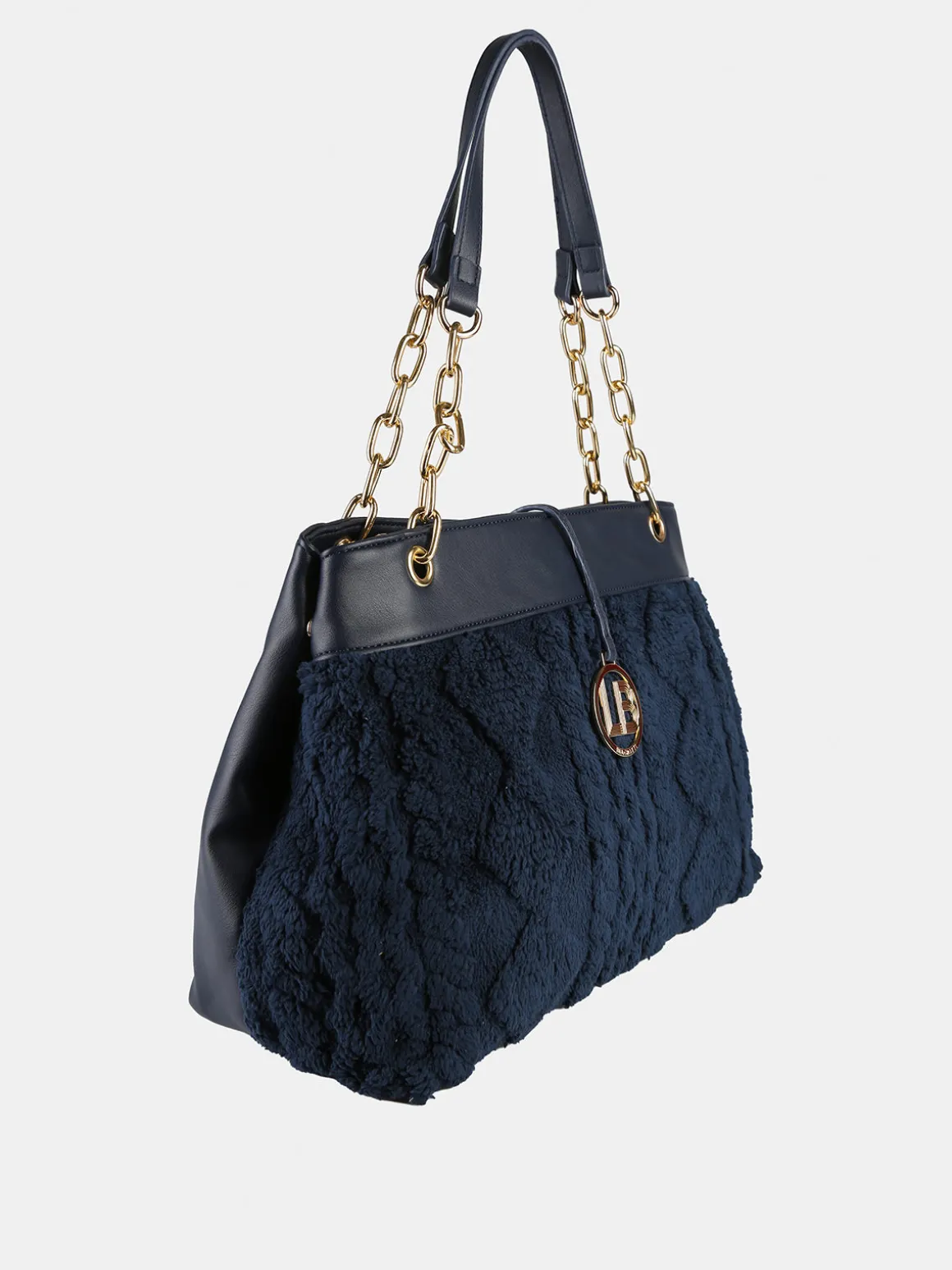 Laura Biagiotti Borsa donna con ecopelo e doppi manici a catena - blu scuro
