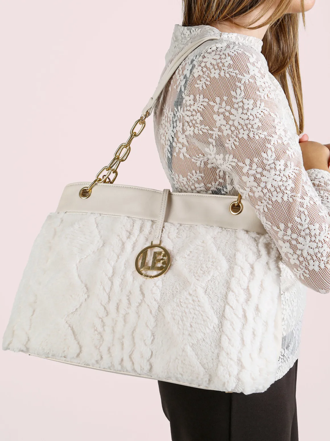 Laura Biagiotti Borsa donna con ecopelo e doppi manici a catena - panna