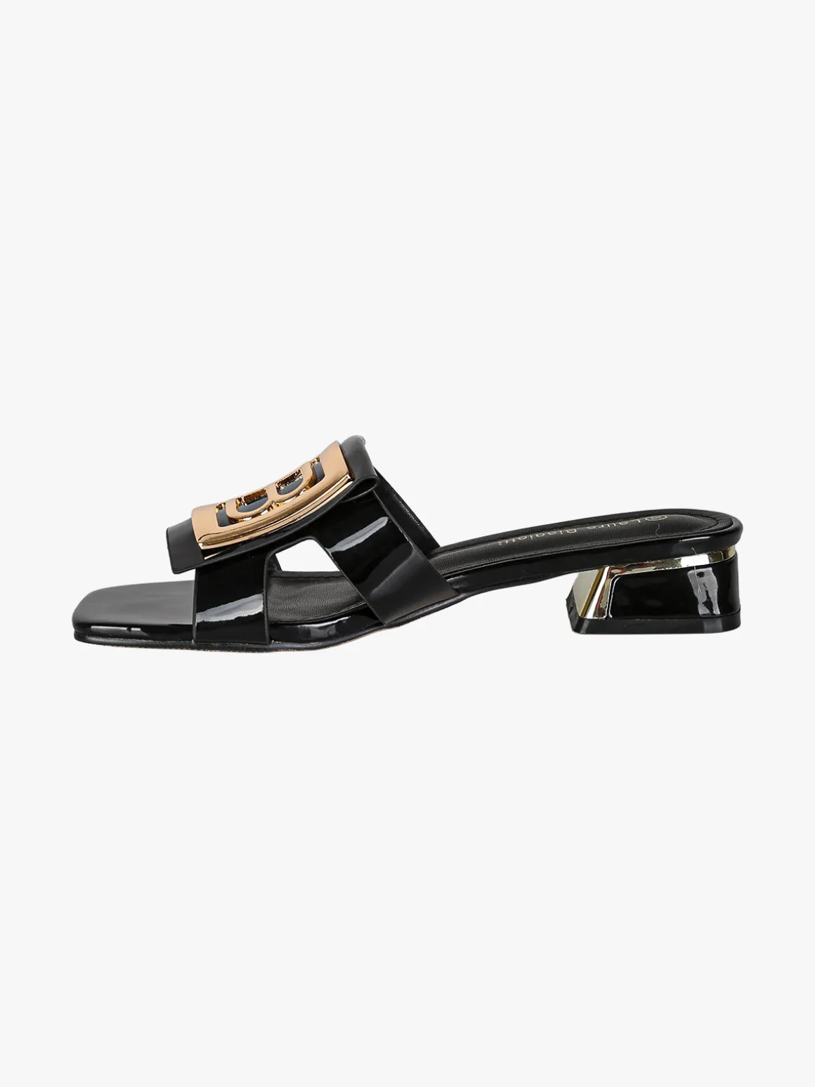 Laura Biagiotti Ciabatte donna in vernice con tacco basso e fascia decorativa con logo - nero