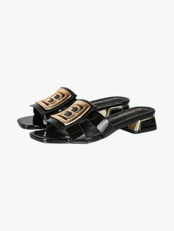 Laura Biagiotti Ciabatte donna in vernice con tacco basso e fascia decorativa con logo - nero
