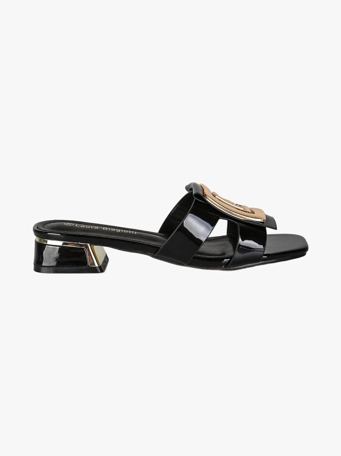 Laura Biagiotti Ciabatte donna in vernice con tacco basso e fascia decorativa con logo - nero
