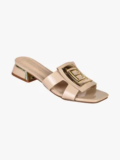 Laura Biagiotti ciabatte donna in vernice con tacco basso e fascia decorativa con logo - beige