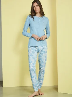 Laura Biagiotti Pigiama lungo da donna in cotone naturale con pantaloni floreali - azzurro