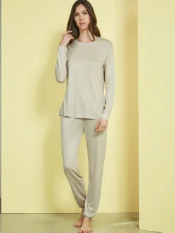 Laura Biagiotti Pigiama lungo da donna in cotone naturale con pantaloni a stampe - sabbia
