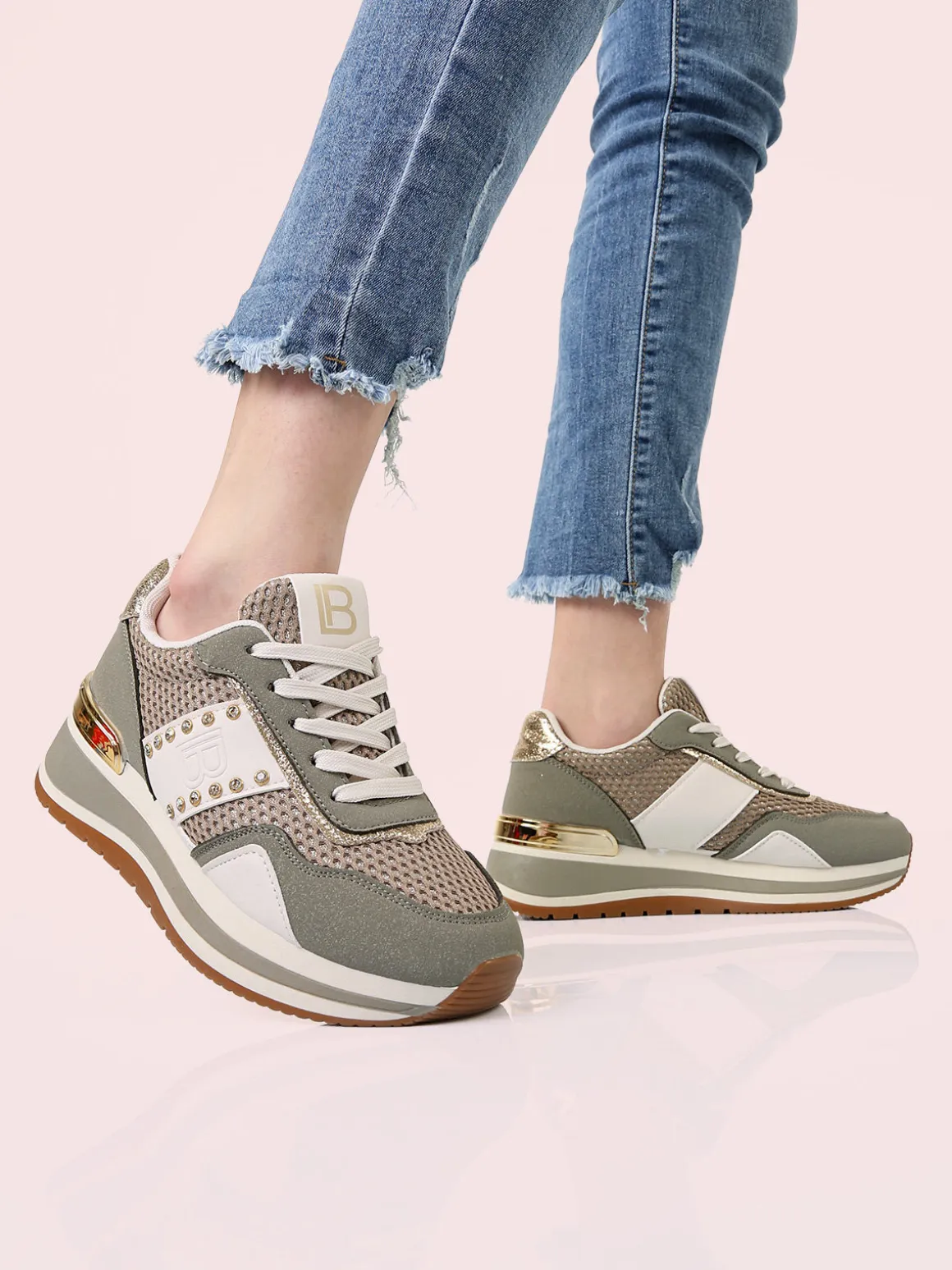 Laura Biagiotti Sneakers donna con paltform e strass - oliva