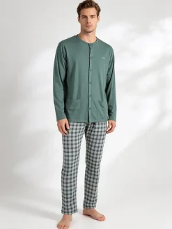 Linea Ambro Pigiama aperto da uomo con pantaloni a quadri - verde