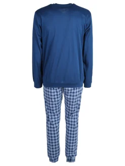 Linea Ambro Pigiama da uomo in misto cotone con pantaloni a quadri e taschino - blu