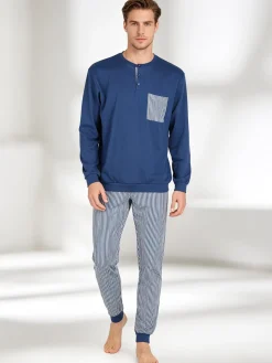 Linea Ambro Pigiama da uomo in cotone interlock con taschino e pantaloni a righe