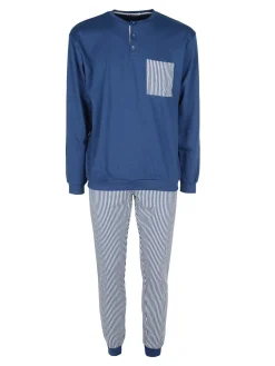 Linea Ambro Pigiama da uomo in cotone interlock con taschino e pantaloni a righe