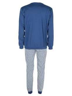 Linea Ambro Pigiama da uomo in cotone interlock con taschino e pantaloni a righe