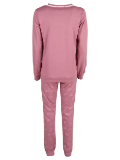 Linea Ambro Pigiama lungo da donna in misto cotone interlock con ricamo - rosa
