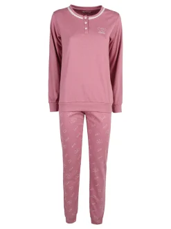 Linea Ambro Pigiama lungo da donna in misto cotone interlock con ricamo - rosa
