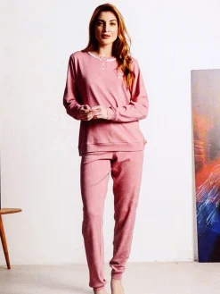 Linea Ambro Pigiama lungo da donna in misto cotone interlock con ricamo - rosa