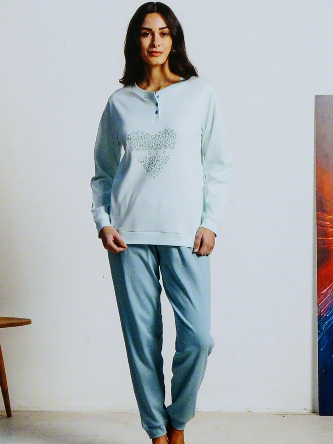 Linea Ambro Pigiama lungo da donna in cotone interlock - acqua marina