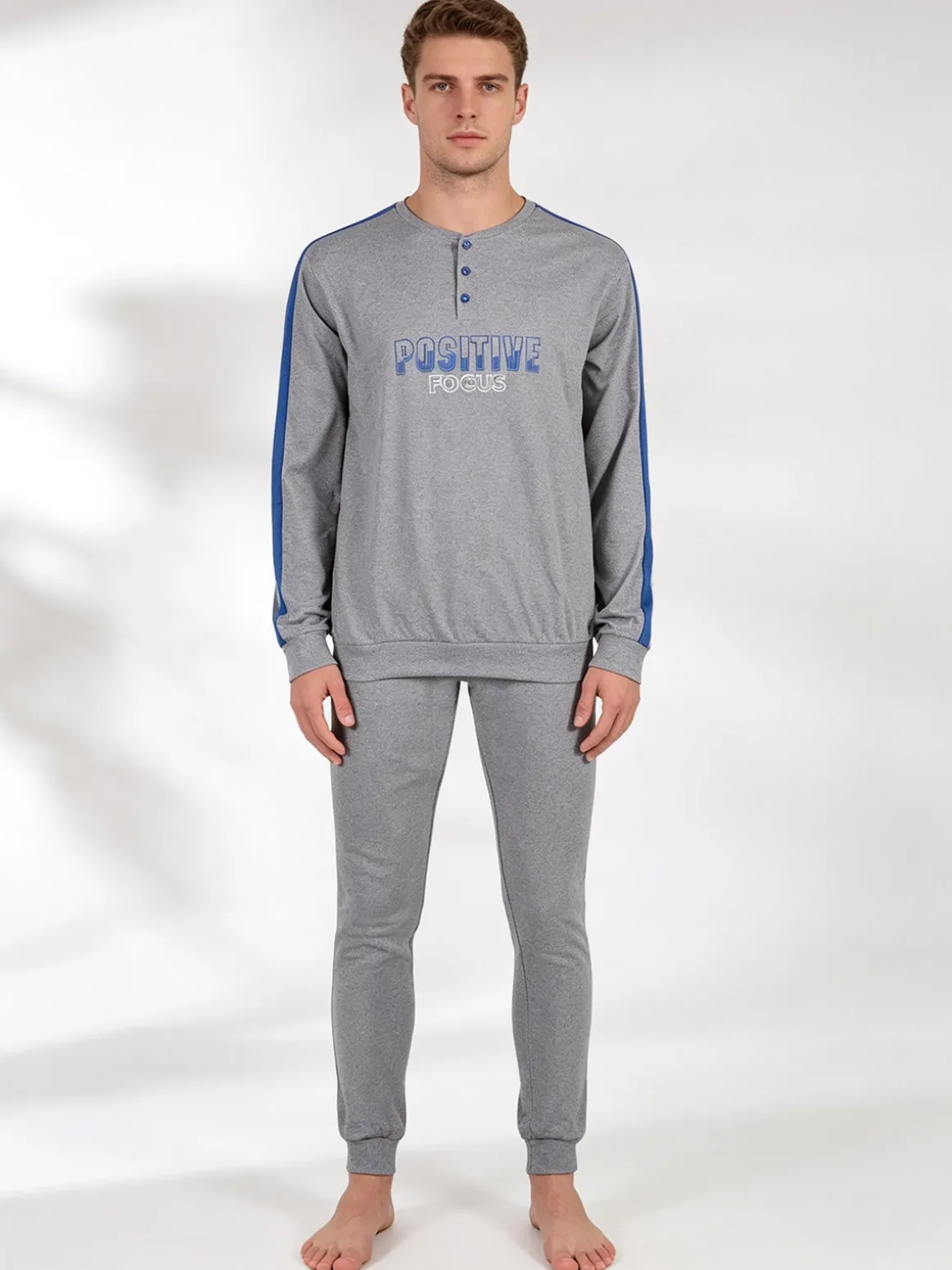 Linea Ambro Pigiama lungo da uomo in misto cotone interlock - grigio