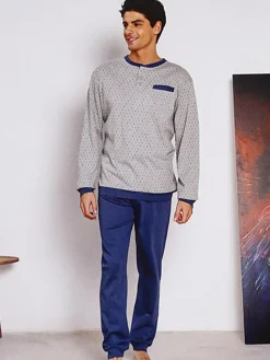 Linea Ambro Pigiama lungo da uomo in misto cotone interlock con taschino - grigio