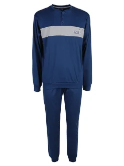 Linea Ambro Pigiama lungo da uomo in misto cotone interlock - blu