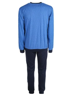 Linea Ambro Pigiama lungo da uomo in misto cotone interlock con taschino - blu
