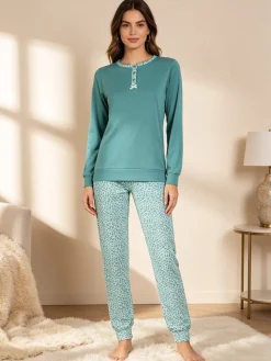 Linea Ambro Pigiama lungo donna in cotone interlock - acqua marina