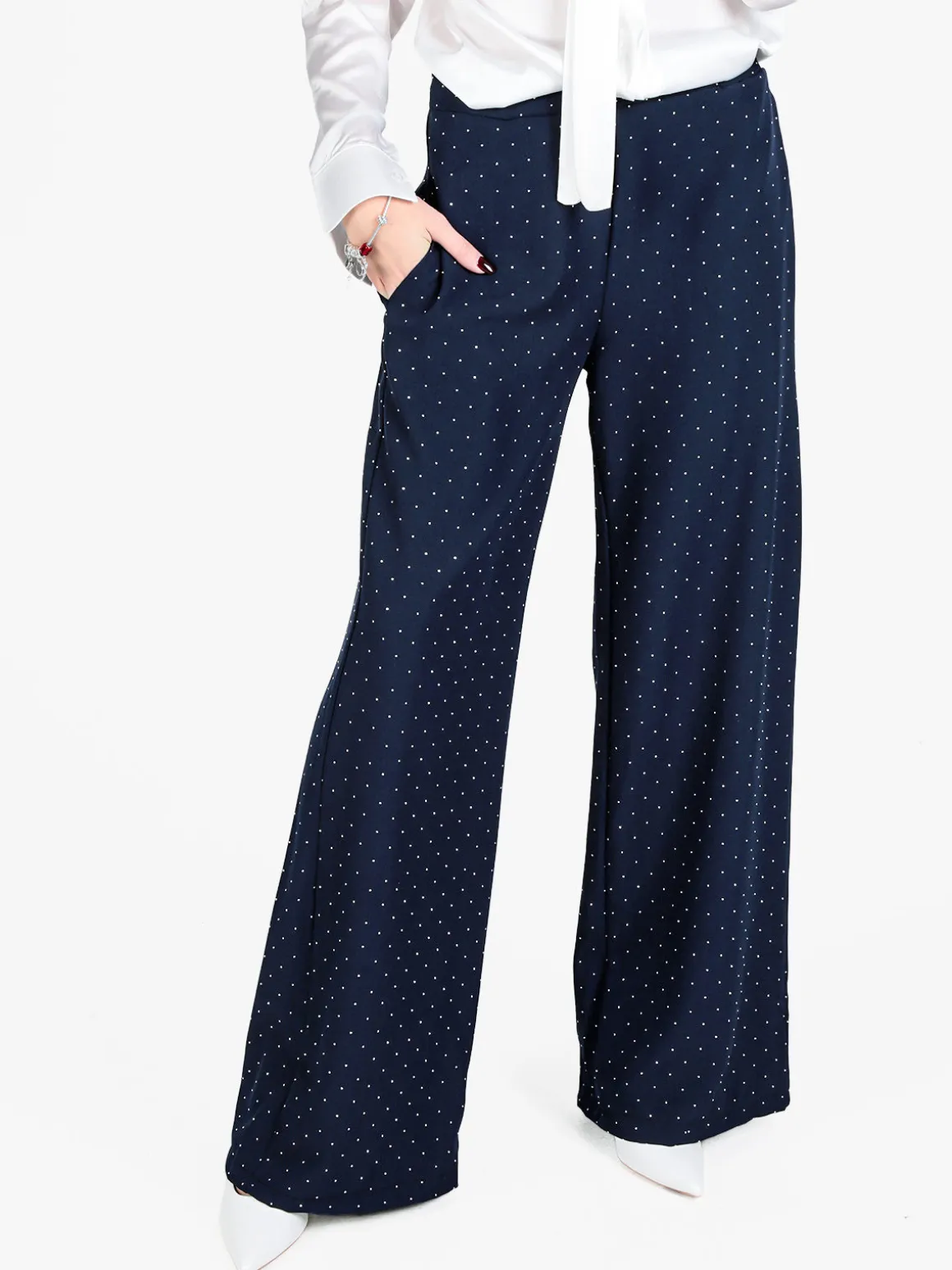 Lisa Style Pantaloni donna a gamba larga con strass