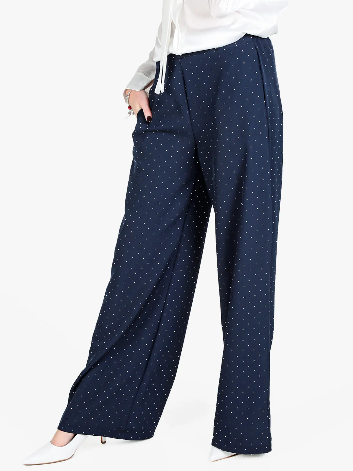 Lisa Style Pantaloni donna a gamba larga con strass