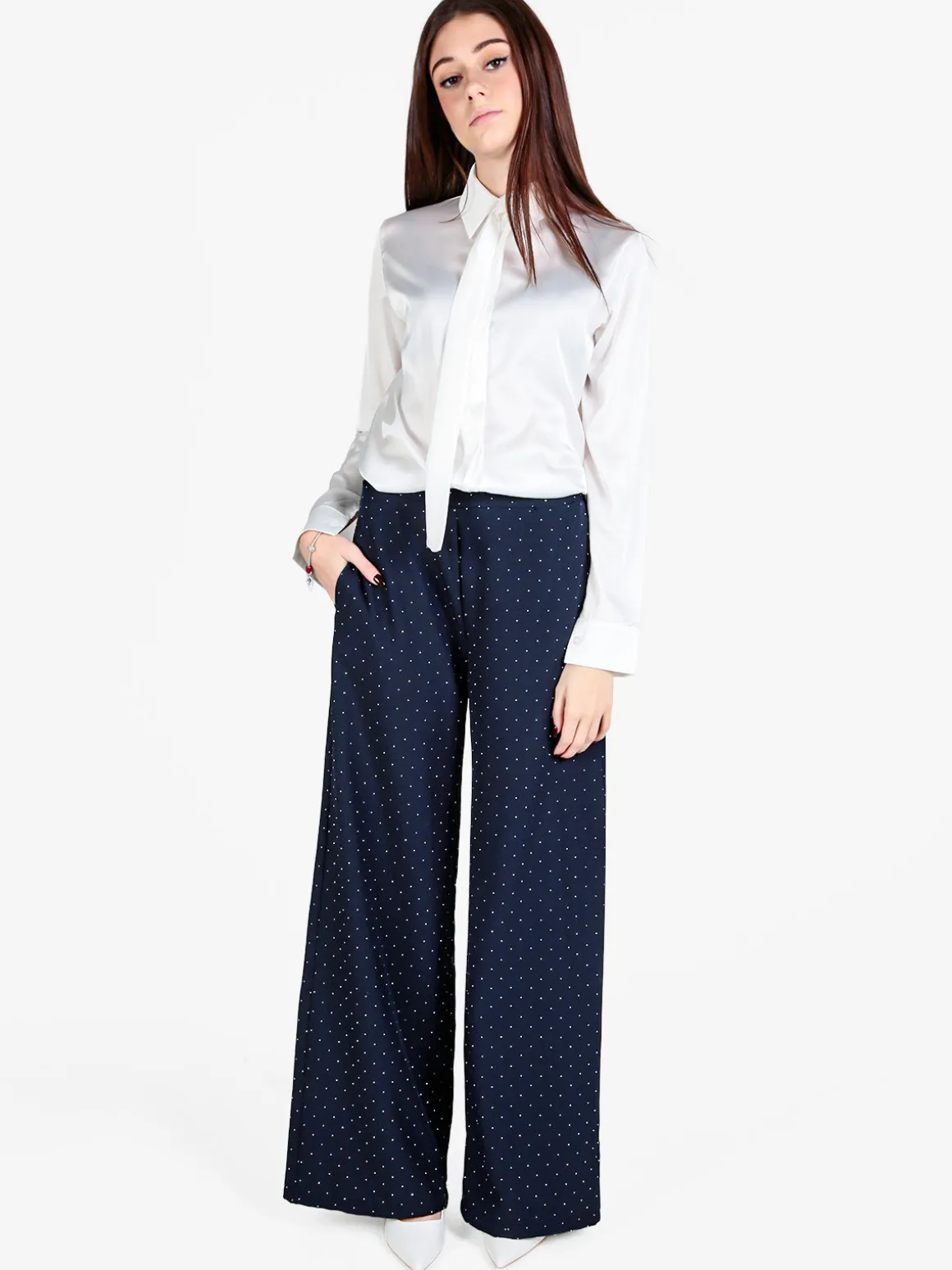 Lisa Style Pantaloni donna a gamba larga con strass