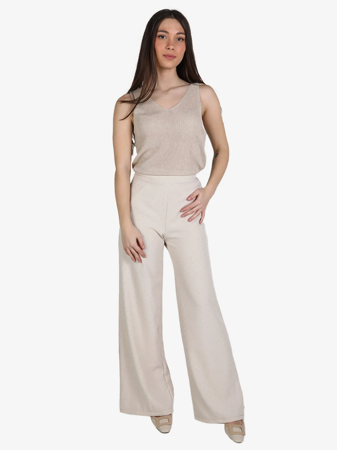 Lisa Style Pantaloni donna a gamba larga con strass