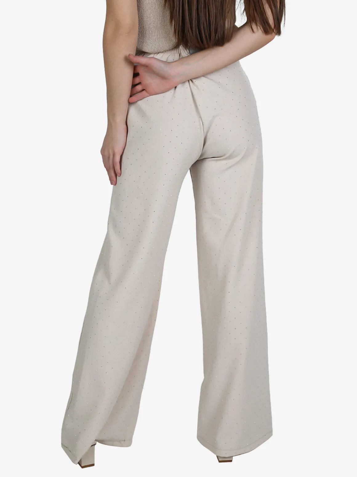 Lisa Style Pantaloni donna a gamba larga con strass