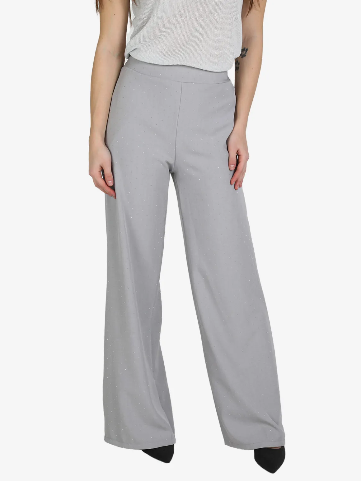 Lisa Style Pantaloni donna a gamba larga con strass
