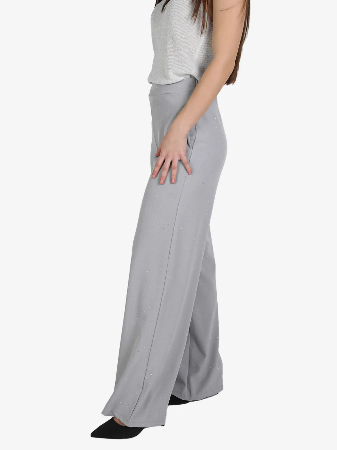 Lisa Style Pantaloni donna a gamba larga con strass