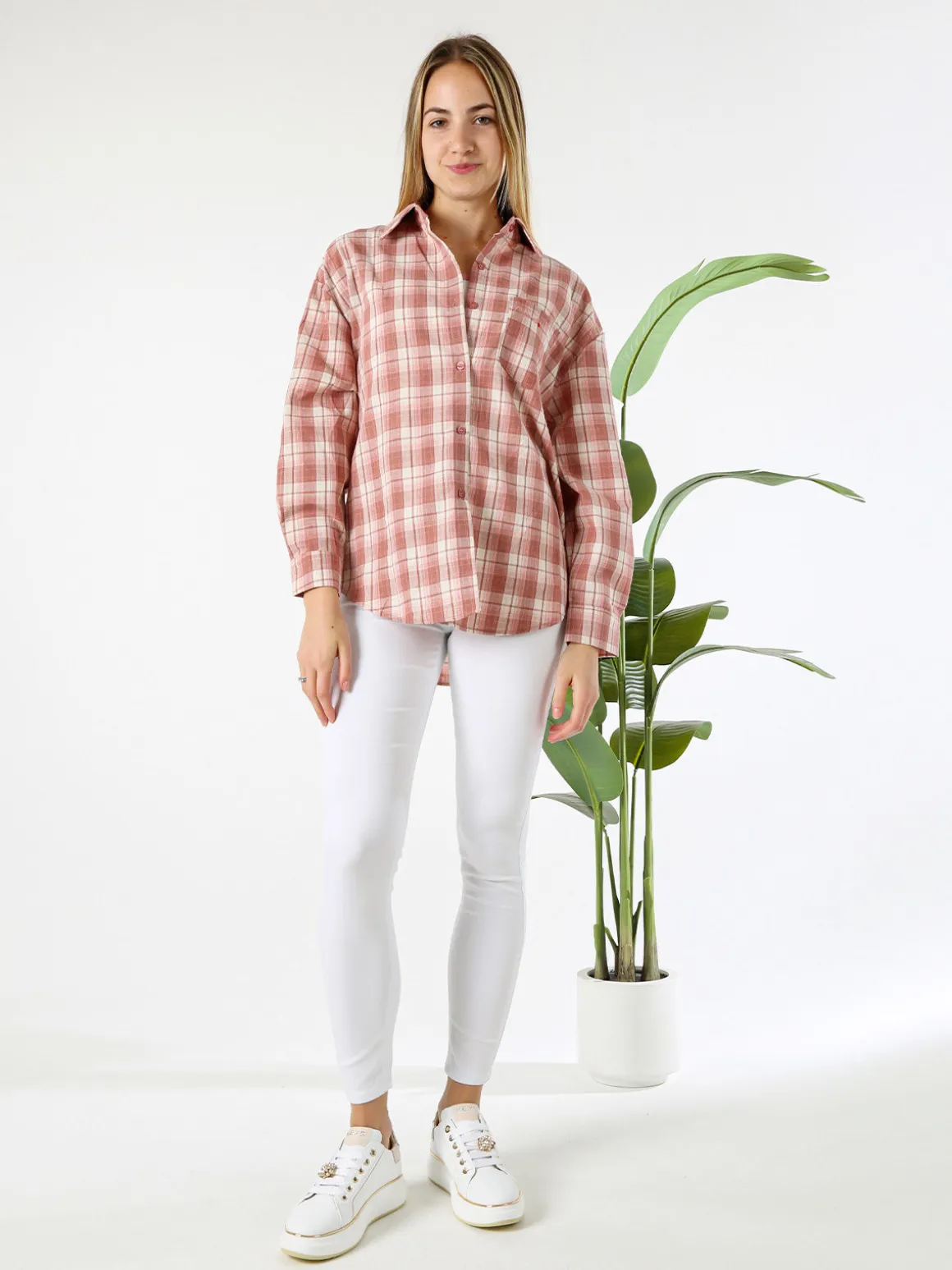 Lissimo Set 2 pezzi camicia oversize a quadri da donna con top coordinato - rosa