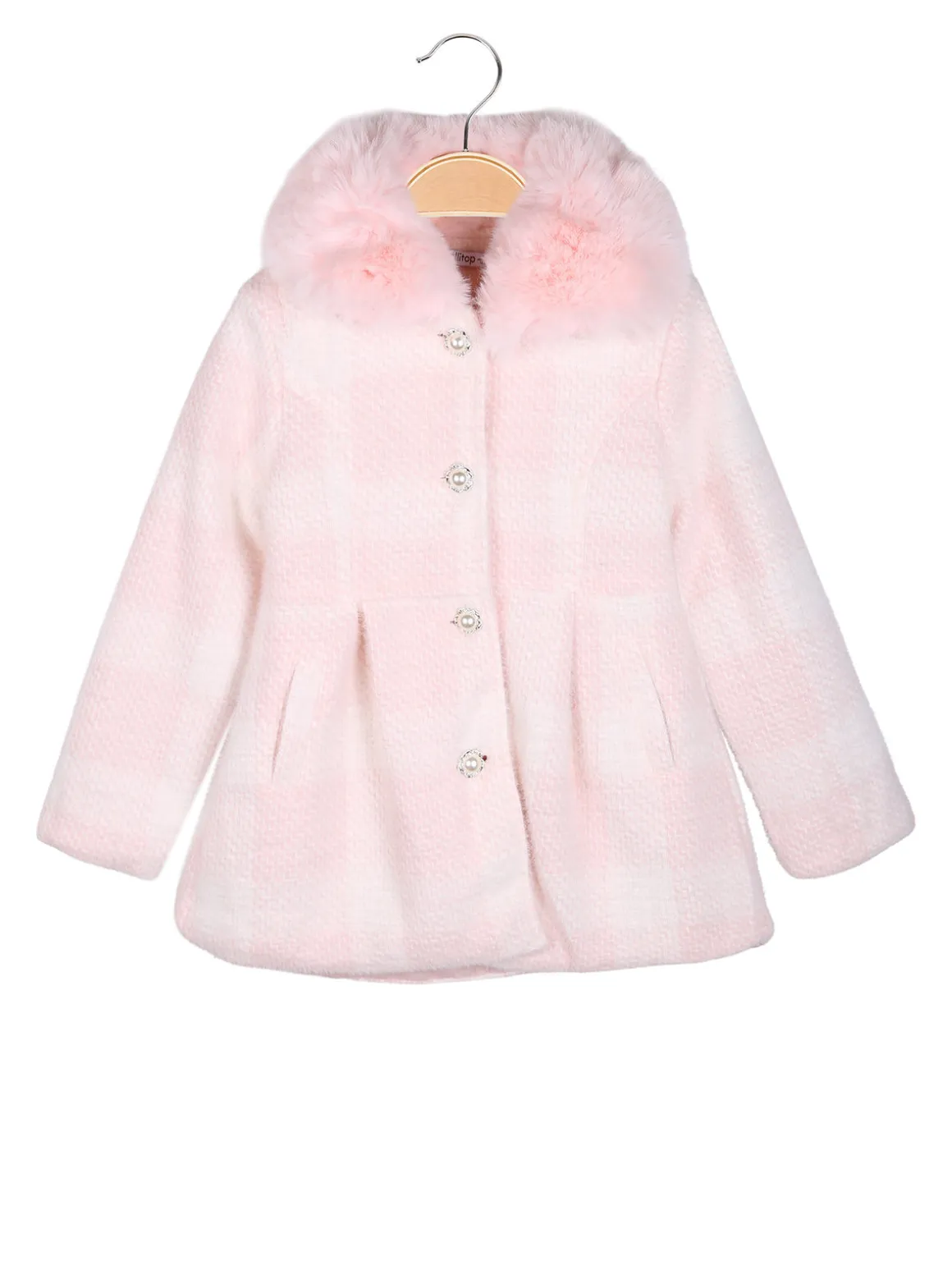 Lollitop Cappotto da bambina con bottoni di perle e scollo in ecopelliccia - rosa