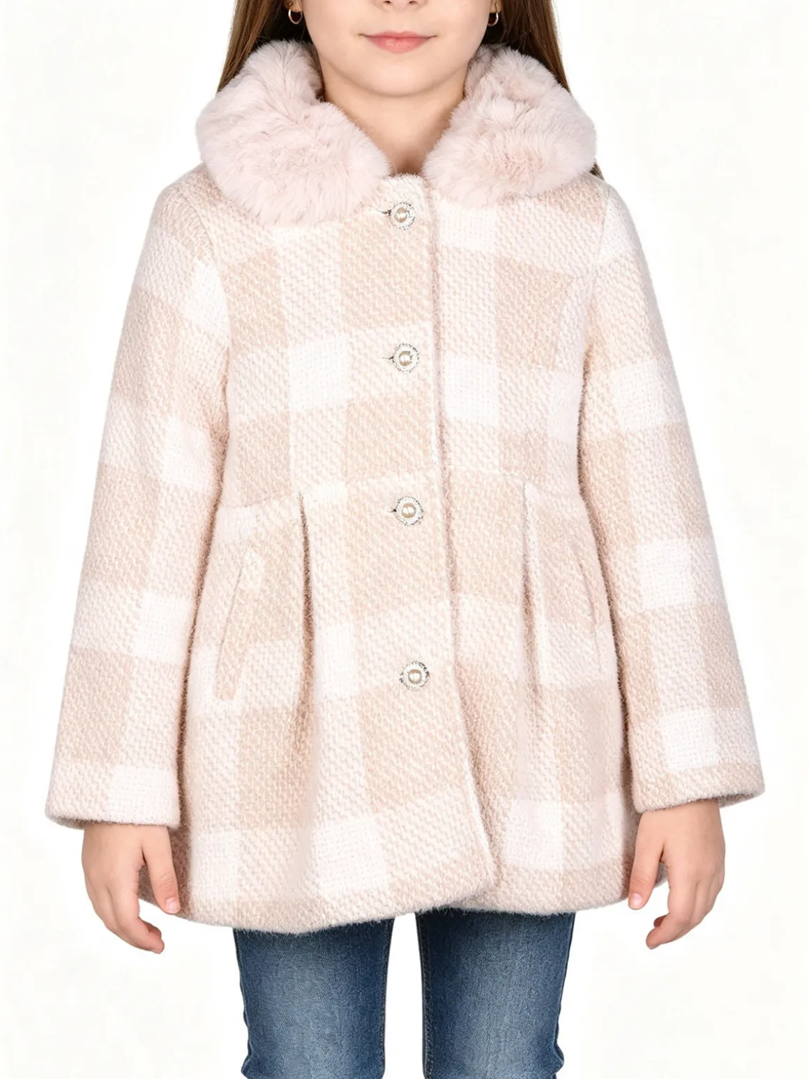 Lollitop Cappotto da bambina con bottoni di perle e scollo in ecopelliccia - beige