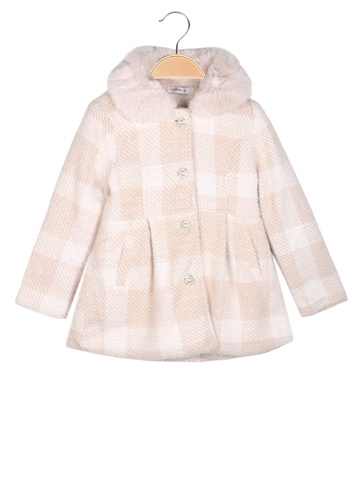 Lollitop Cappotto da bambina con bottoni di perle e scollo in ecopelliccia - beige