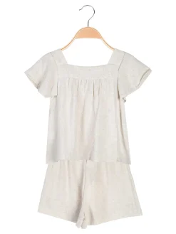 Lollitop Completo corto da bambina in misto cotone e lino con t-shirt e shorts ricamati - beige