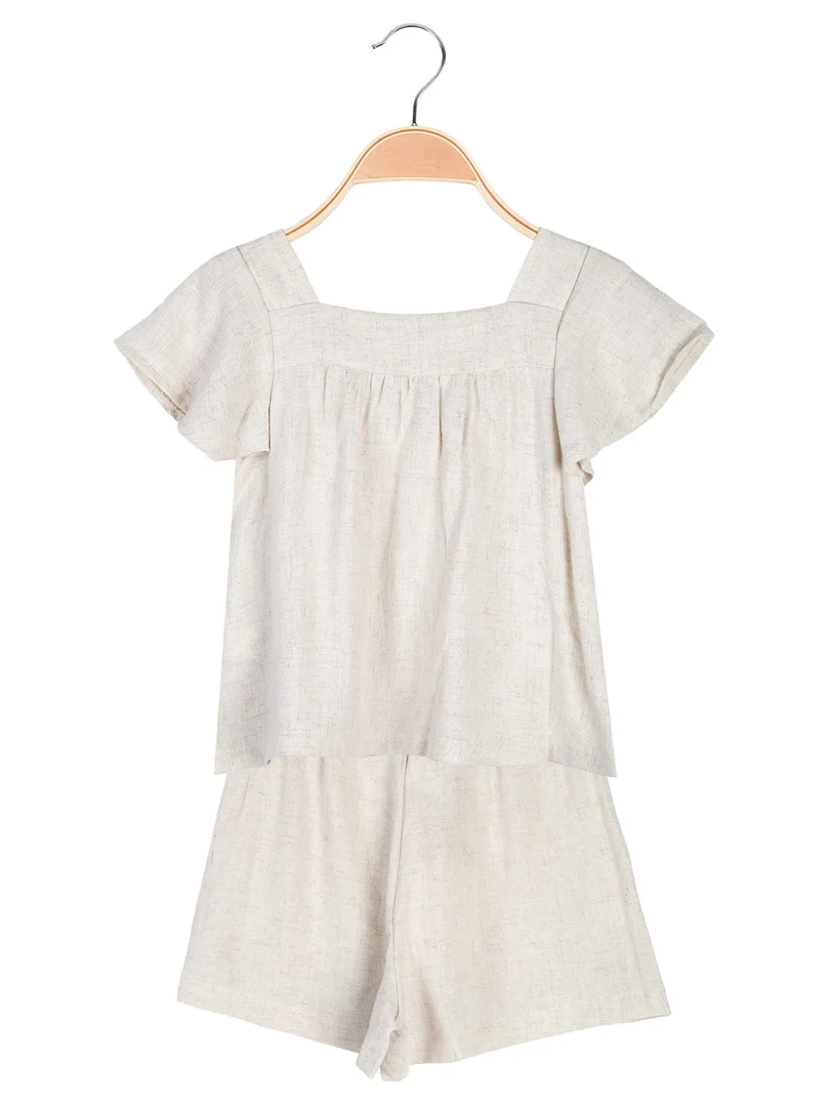 Lollitop Completo corto da bambina in misto cotone e lino con t-shirt e shorts ricamati - beige