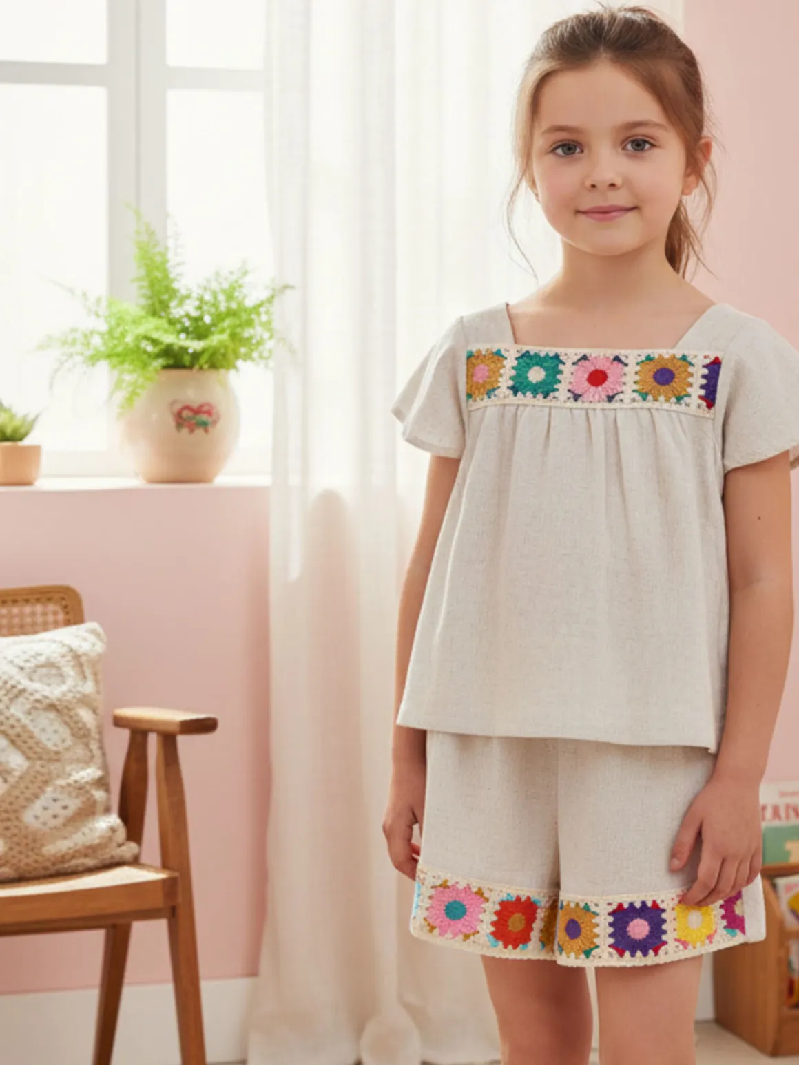 Lollitop Completo corto da bambina in misto cotone e lino con t-shirt e shorts ricamati - beige