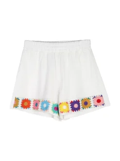 Lollitop Completo corto da bambina in misto cotone e lino con t-shirt e shorts ricamati - bianco