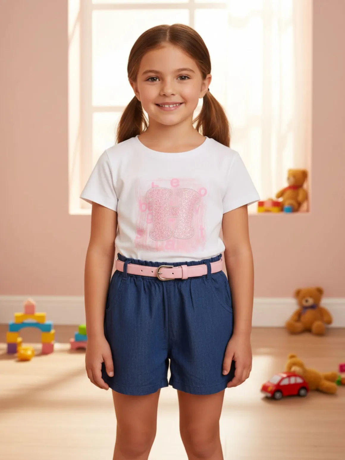 Lollitop Completo corto da bambina con t-shirt e shorts effetto jeans con cintura - rosa