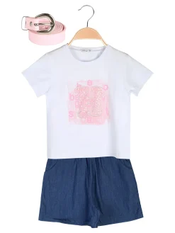 Lollitop Completo corto da bambina con t-shirt e shorts effetto jeans con cintura - rosa