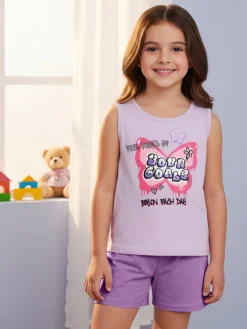 Lollitop Completo corto da bambina con canotta e shorts in cotone - lilla