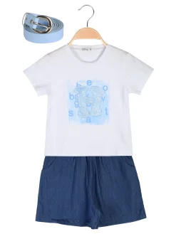 Lollitop Completo corto da bambina con t-shirt e shorts effetto jeans con cintura - azzurro