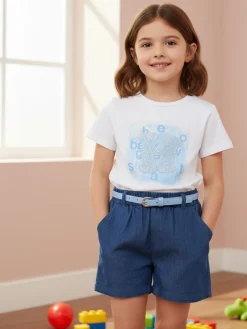 Lollitop Completo corto da bambina con t-shirt e shorts effetto jeans con cintura - azzurro